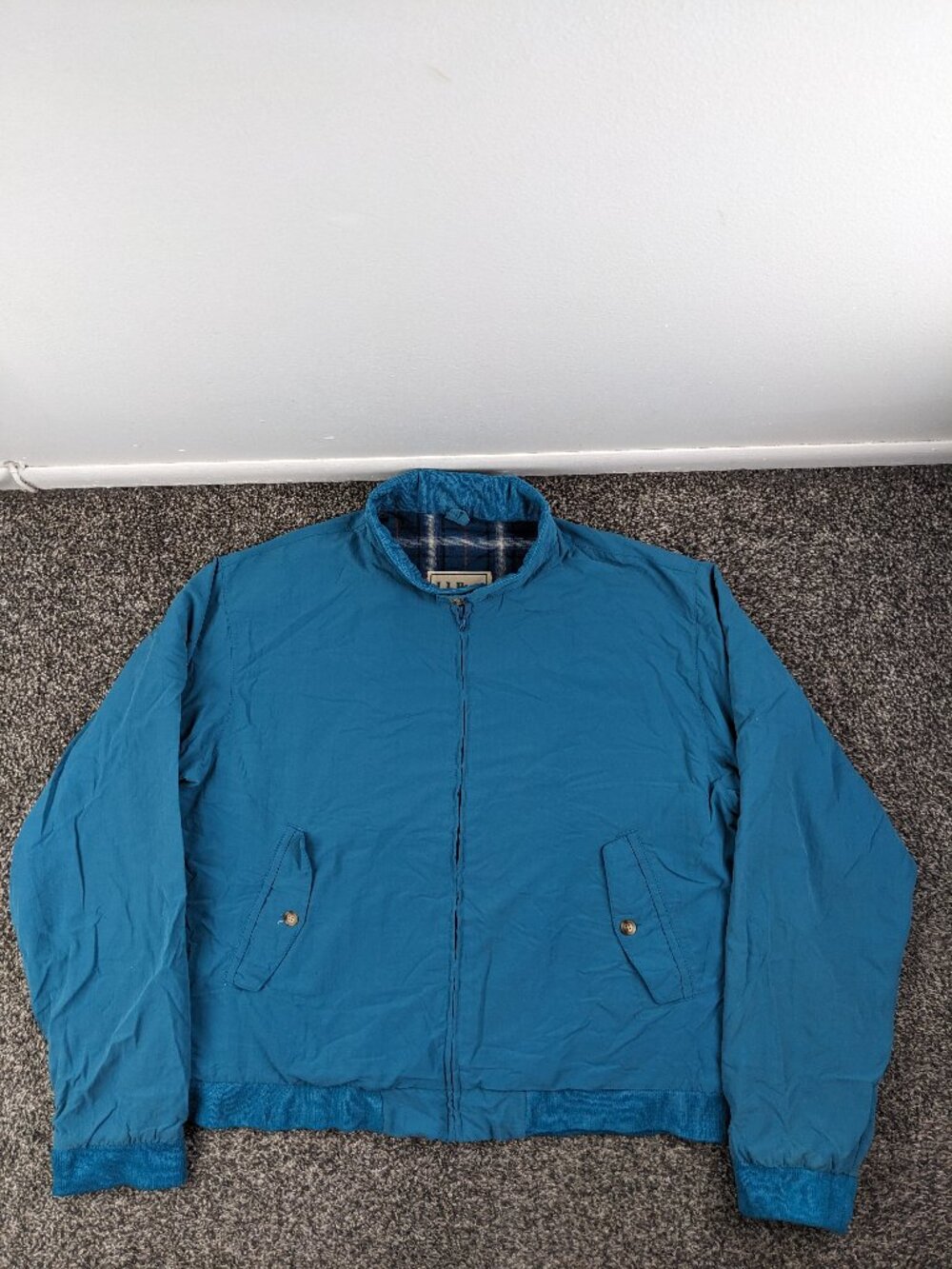 Vintage LL Bean Jacket Harrington Bomber Blue Plaid Lined Windbreaker Men Medium